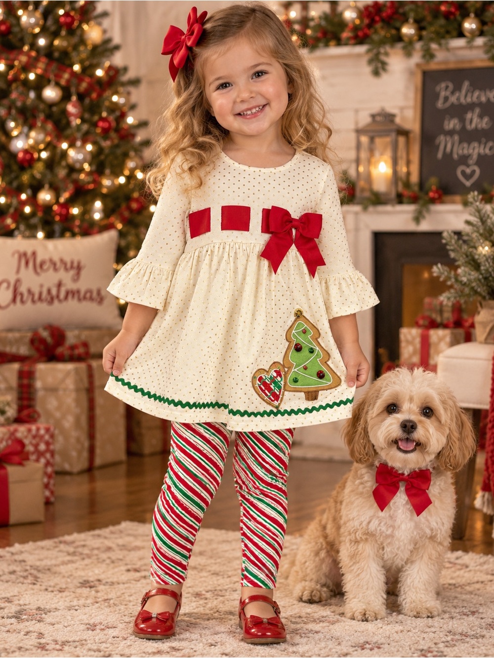 Bonnie Jean 3T Christmas Dress Set Ivory Gold Dots Tree Leggings